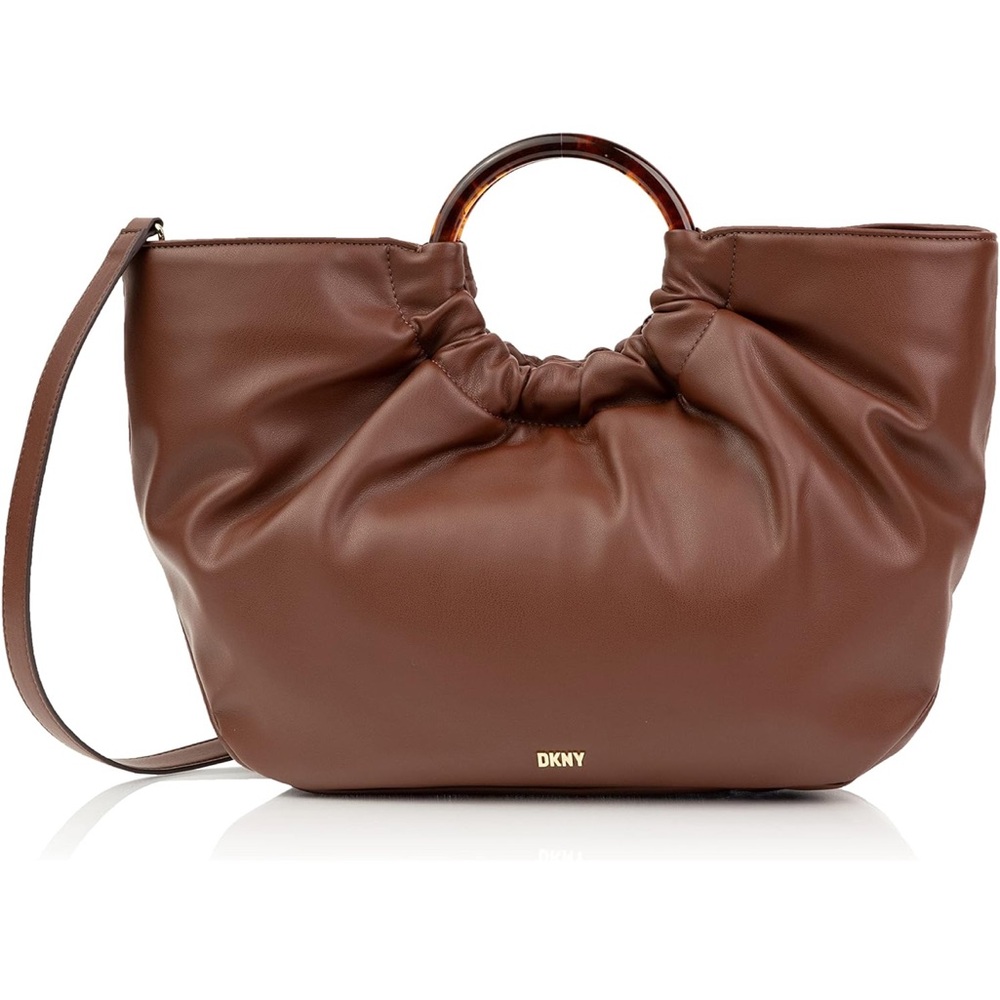 DKNY Chocolate Brown Leather Top-Handle Shoulder Bag with Tortoiseshell Ring